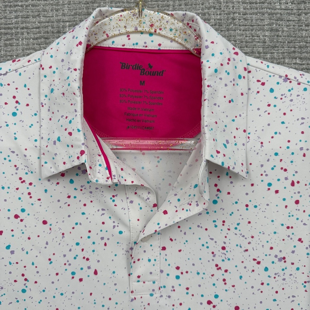Birdie‎ Bound Mens Golf Polo Shirt Sz M White Pink Blue Multicolor Preppy Dots